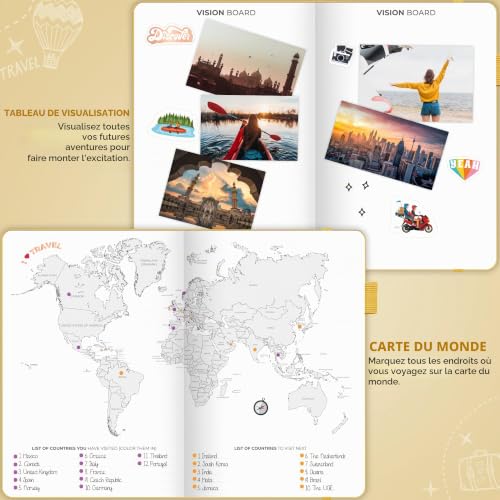 Clever Fox Bucket List Journal – Liste de seau inspirante et livre de voyage pour souvenirs et aventures – Carnet de motivation pour un usage personnel et les couples – A5, 14 x 21 cm, jaune ambré – vue 5