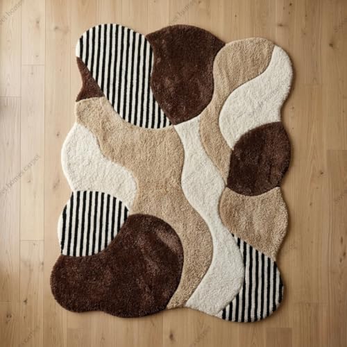 Image of SWEET HOMES Carpet for Living Room | Irregular Handwoven Shaggy Fluffy Area Rug | Modern Abstract Plush Carpet, 12 x 14 Feet (366 x 427 cm), Brown Beige