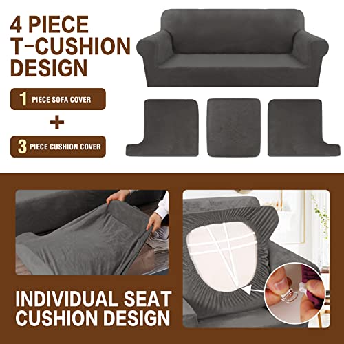 Velvet T Cushion Sofa Slipcover 4 Pieces Sofa Covers For T Cushion Sofa Soft Couch Cover Sofa Slip Covers Furniture Protector With 3 Individual T Cushion Shape Seat (Grey, Sofa), Ljxsc022 #TOP6