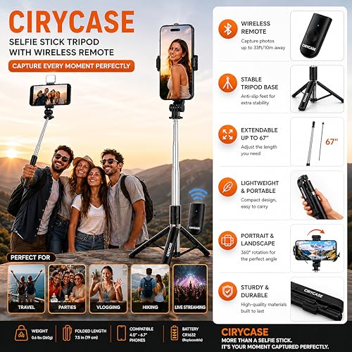 Image of CIRYCASE Selfie Stick Tripod, 170 cm Reinforced, Bluetooth, Multi-Functional, for iPhone and All Smartphones, Travel and Vlogging (Selfie Grid Tripod 170 Cm)