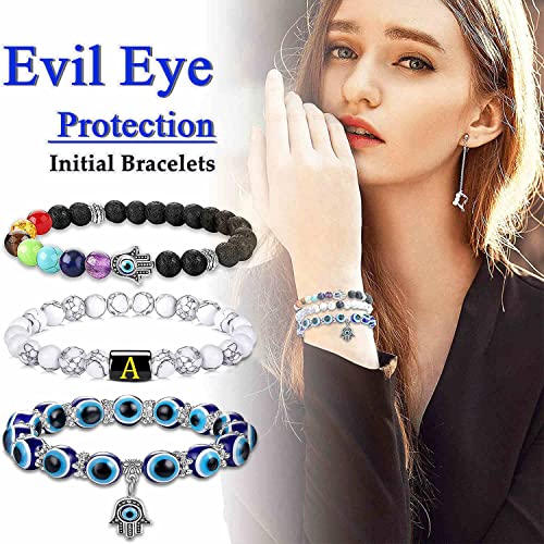 Panshi Evil Eye Bracelets Chakra Crystal Beaded Bracelet Set Name Letter Beads Charm Luck Jewelry Ojo Protection Birthday Gifts For Women Her Mom Mother Daughter (Elephant) #TOP2
