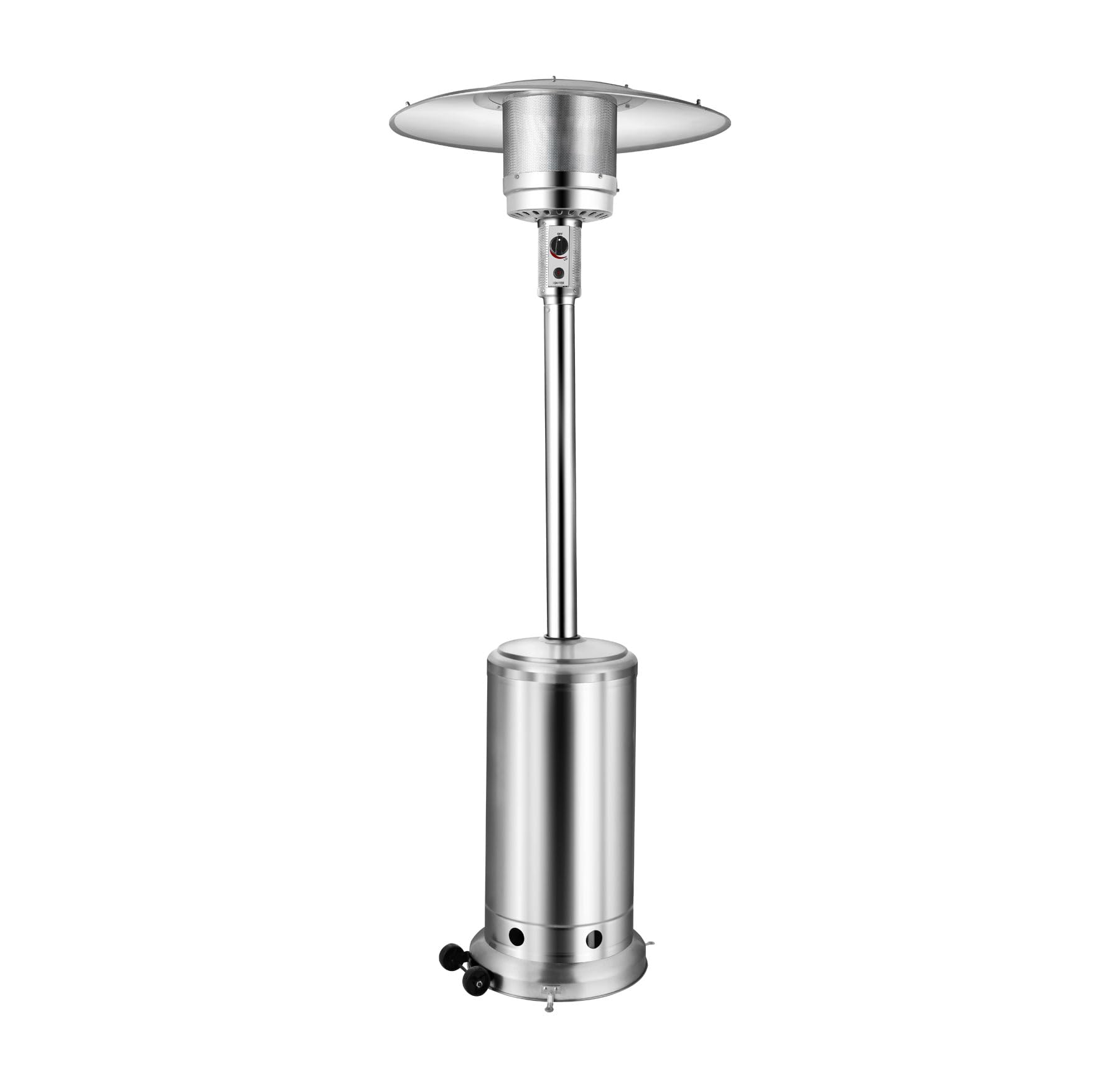 Zephir Stufa da esterno a gas GPL Argento Potenza max 13kW Consumo max 870 g/h Sistema di Sicurezza Capacità bombola 15kg (non inclusa) Con ruote Ideale per superfici di 20-25 m