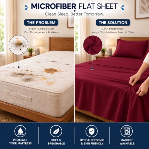 Image of Solid Bedsheet for Double Bed - Soft Microfiber Hotel Luxury Flat Bed Sheets with Pillow Cases 1800 Series - Double Burgundy