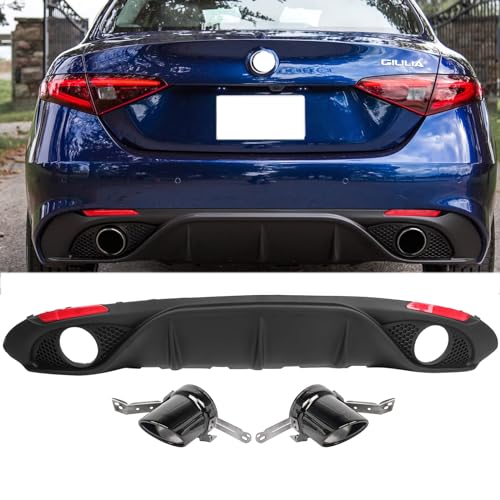 Rear Diffuser Matte Black compatible with 2017-2023 Alfa Romeo Giulia Base TI Sprint Rear Lip Bumper Diffuser w/Black Exhaust Tips, For Standard Bumper Only