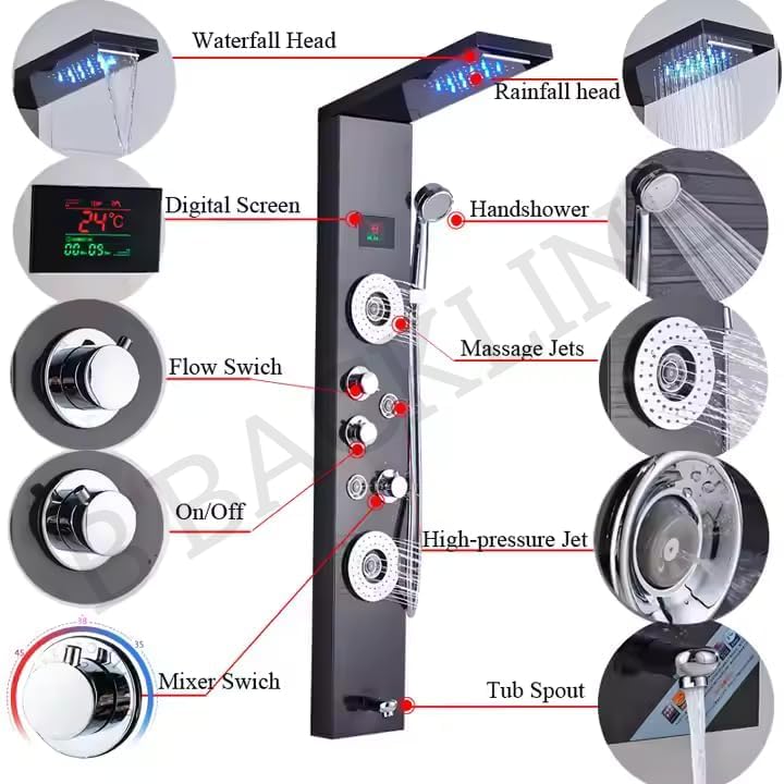 Image of Backline Stainless Steel 7-in-1 Thermostatic Shower Panel System with Digital Temperature Display - Rainfall Shower Head, Body Spray Jets, Handheld Shower & Tub Spout, Hot & Cold Water Control (Black)