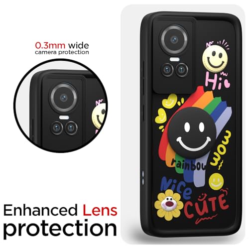 Image of Pikkme Back Cover for Oppo Reno 10 5G | Soft Silicone| Cute Rainbow Smile & 3D Cartoon Flower Design | Shockproof Raised Camera Protection Bumper Case (Black)