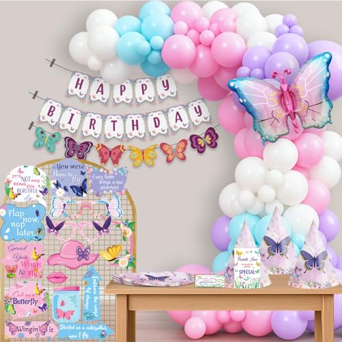 Image of Party Propz Butterfly Theme Birthday Decoration Kit - 132 Pcs, Multicolor Balloons, Butterfly Foil Balloon, Banners, Caps, Thank You Cards & Photo Props, Pink Theme Decorations for Girls