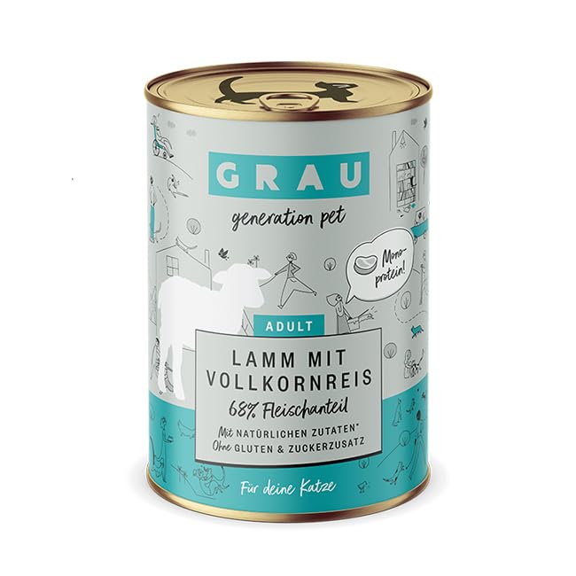 GRAU – das Original – Nassfutter für Katzen - Lamm mit Vollkornreis, 6er Pack (6 x 400 g), glutenfrei, für Erwachsene Katzen