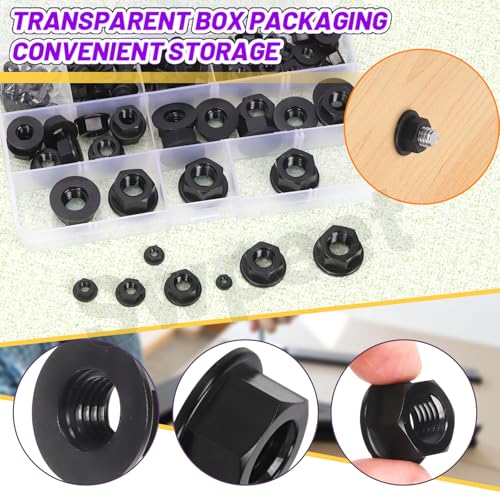 Swpeet S4396 135Pcs 7 Sizes M3 M4 M5 M6 M8 M10 M12 Metric Black Nylon Flange Nuts Assorment Kit thumb #5
