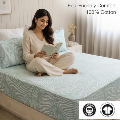 Image of HOMEMONDE 186 TC Soft Cotton Fitted Sheet Feather Printed Queen Size Elastic Fitted Bedsheet with Two Pillow Covers - (78 x 72 Inches, Mint Green Feather) | Perfect for Home Decor & Gifting