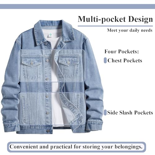 Image of Men's Denim Jacket Vintage-Inspired Jean Jacket with Multiple Pockets - Cotton Blend, Machine Washable