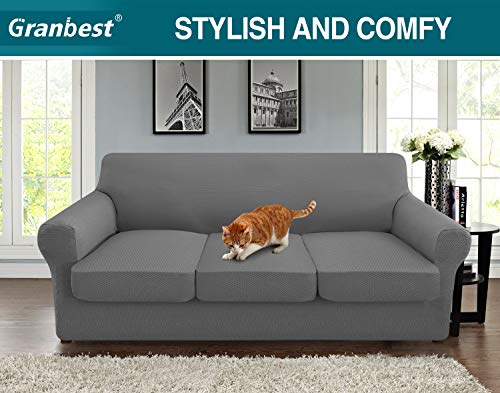 Granbest 4 Piece High Stretch Couch Covers For 3 Cushion Couch Thick Premium Sofa Slipcover Fitted Sofa Cover Furniture Protector For 3 Seat Sofas Dog Pet Proof Machine Washable (Large, Light Gray) #TOP1