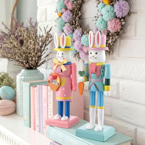 image for RattanView 2 Pcs Easter Bunny Nutcracker 10 Inch Traditional Rabbit Wo