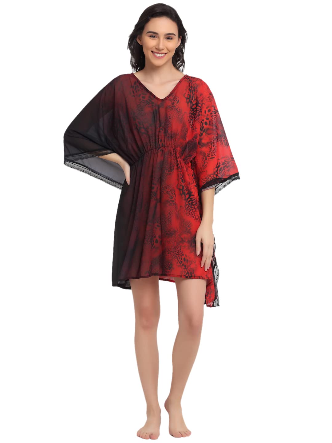 EROTISSCH Red & Black Printed Beachwear Cover-up Kaftan for Women Teen (Size XXL)