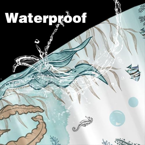 Image of Starfish Shower Curtain, Nautical Sea Animals Summer Shower Curtains for Kids, Teal Blue Ocean Beach Coastal Decorative Bathroom Curtain Sets Waterproof Fabric Machine Washable with Hooks