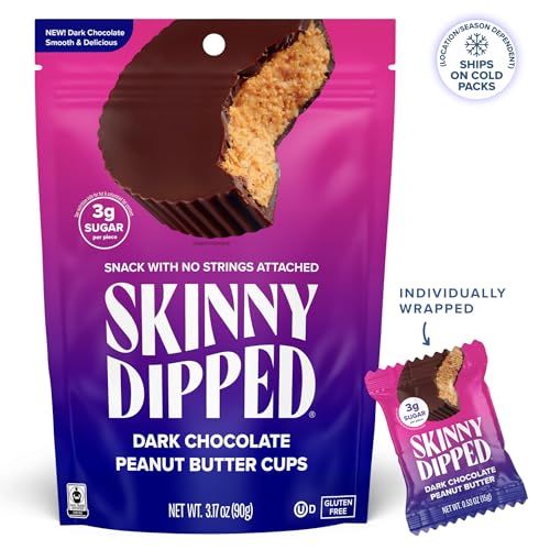 Image of SkinnyDipped Dark Chocolate Peanut Butter Cups, 3.17oz Bags | 4 Pack | Rich Dark Chocolate, Creamy Peanut Butter Filled | Individually Wrapped | Low Sugar | Gluten Free