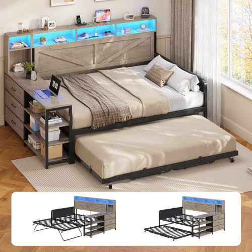 Image of MSmask Daybed with Trundle & 3 Storage Drawers, Full Size DayBed Frame with Headboard & Charging Station, Farmhouse Wooden Bed Frame with LED for Bedroom and Guest Room, Grey