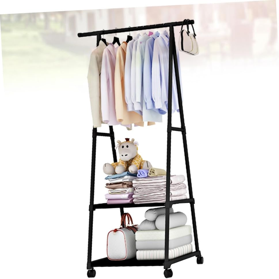 Multifunctional Iron Garment Rack with Wheels Adjustable Clothes Drying Hanger Black Storage Stand for Bedrooms and Laundry Room