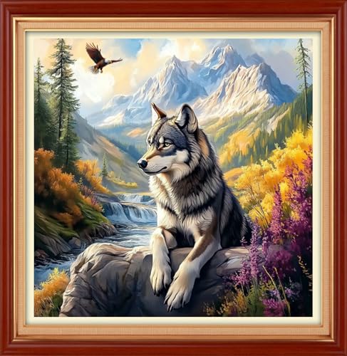 Image of Foxhool Stamped Cross Stitch Kits,11CT Printed Cross Stitch Pattern Full Embroidery Kits for Beginner Needlepoint Kits& Forest Wolf King 18x18 inch