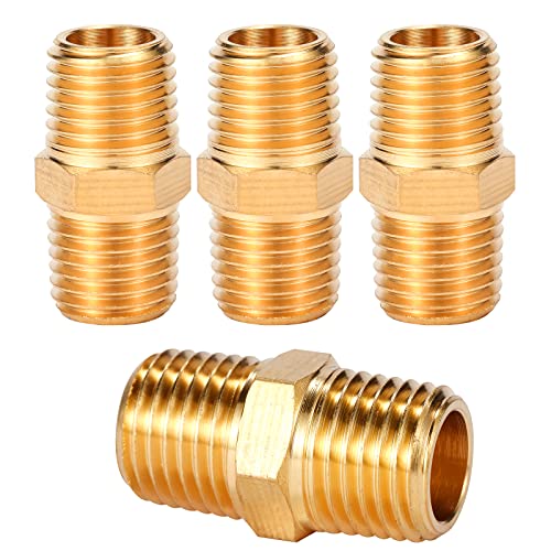 Sanpaint 4 pcs Solid Brass Pipe Fitting Hex Nipple 1/4 x 1/4 NPT Male Pipe Adapter (O.D x O.D: 1/2 x 1/2)