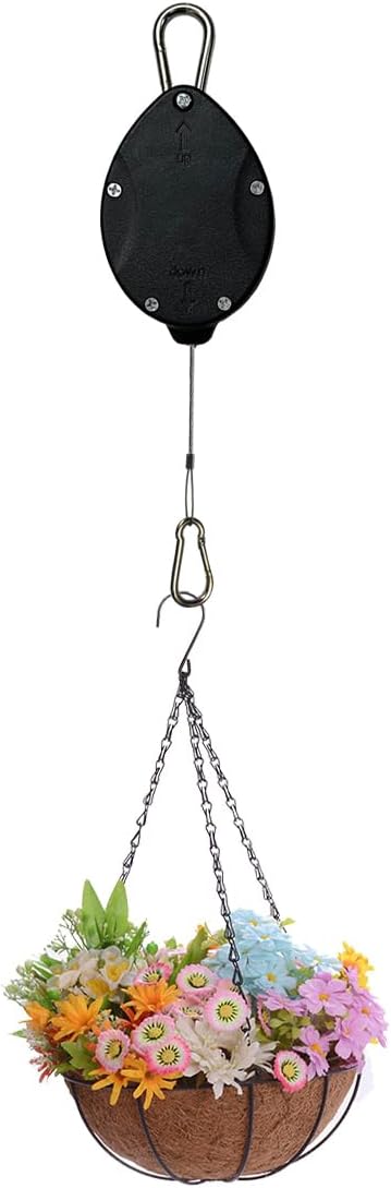 Plant Hook Pulley, 2024 Upgraded Retractable Plant Hanger Easy Reach Hanging Flower Basket for Garden Baskets Pots and Birds Feeder Hang High up and Pull Down to Water Or Feed (Black 4Pcs)