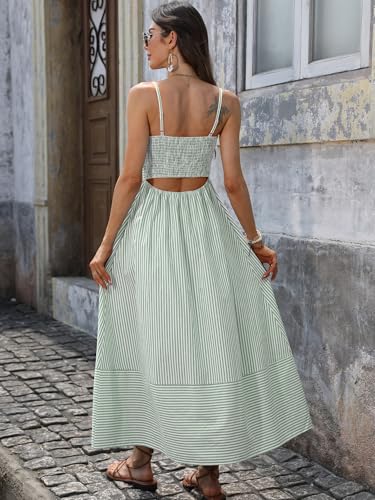 Image of Caracilia Womens Maxi Dresses Gingham Spaghetti Strap Back Smocked Flowy Long Sundress Summer Beach Vacation Clothes 2026