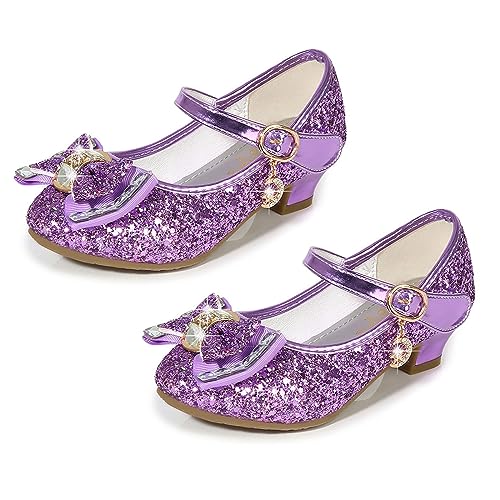 Yoawdats Girls Toddler Dress Shoes Sparkly Ruby Bowkno Flowert Wedding Party Bridesmaids Low Heel Princess Shoes for Kids (Purple, 17.7 cm)2