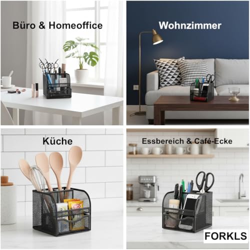 FORKLS Schreibtischorganizer – Metallgitter Stiftehalter mit 4 Fächern & Ausziehbarer Schublade, Kompakte Büroorganisation für Büro, Zuhause & Schule