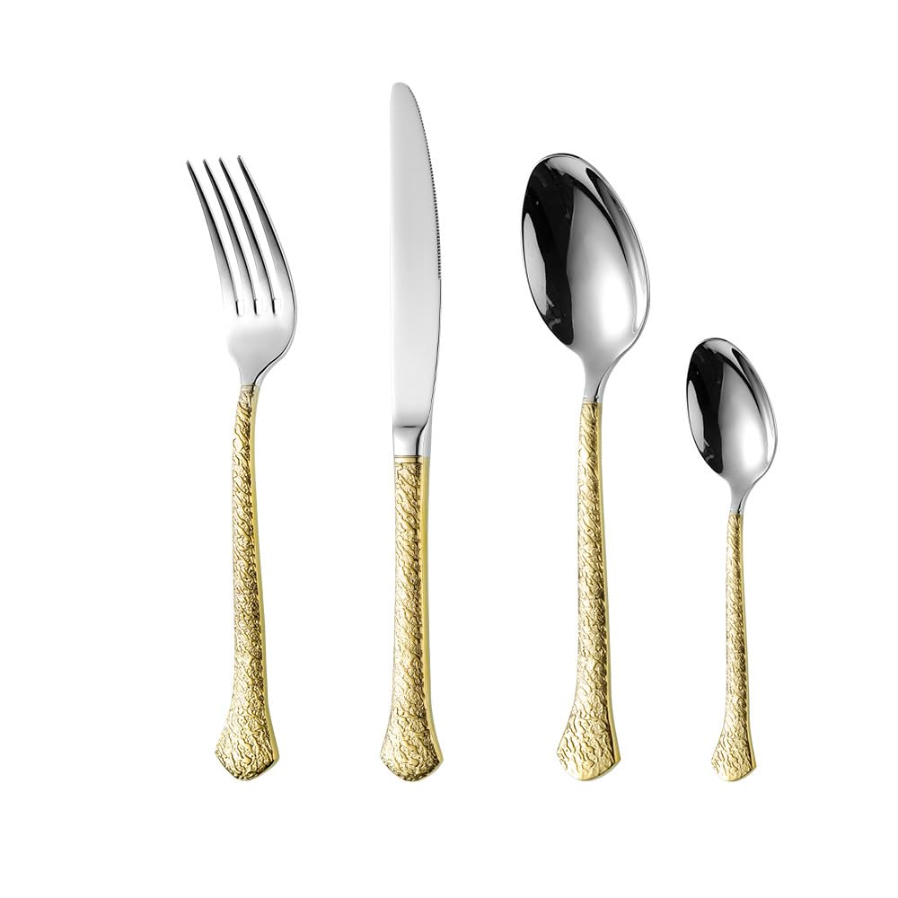 Este Juego de Cubiertos de Oro Martillado para 8 Personas, único, de Acero Inoxidable 18/8, 32 Piezas, Juego de Utensilios de Cocina pulidos a Espejo para el hogar y el Restaurante, Mango du