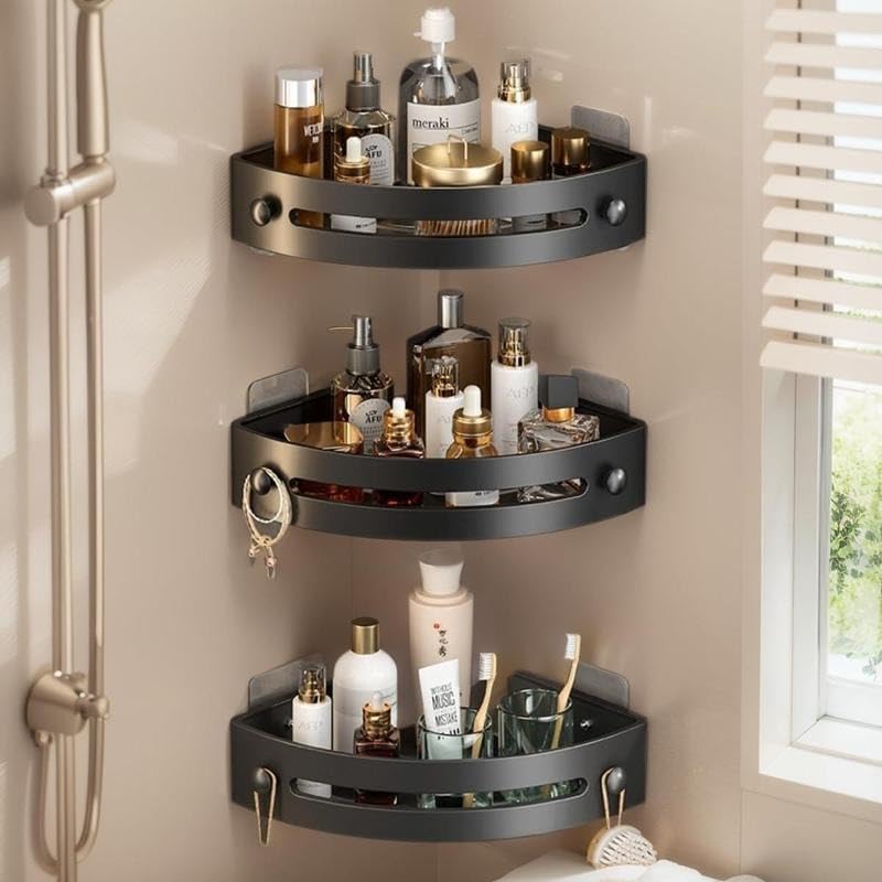 3-Pack Plastic Black Triangle Shower Caddy 3-Tier Corner Shelves Shower Storage Rack Drill Free Wall MountShower Organizer 40lbs
