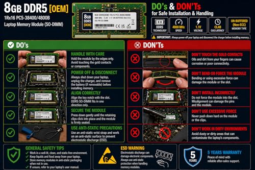 Image of 8GB DDR5 4800MHz OEM Laptop RAM Compatible with Samsung [Key Specs: PC5-38400 /4800B | 262-Pin SO-DIMM | CL40 | 1Rx16 | 1.1V | Non-ECC] | 5 Years Seller Warranty