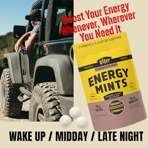 Image of Viter Energy 40mg Caffeine Mints - Sugar Free, B Vitamins, Vegan, Boosts Fast Energized Alert Focus, Caffeinated Nootropic Supplement Pills (Chocolate Mint Flavor, 8oz, Bulk Bag)