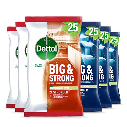 Dettol Antibacterial Biodegradable Kitchen & Bathroom Cleaning Wipes, 150 Count, Pack Of 6, Power Pure, Eco-Friendly, Multi-Surface, Effective Germ Protection, 3 X 25