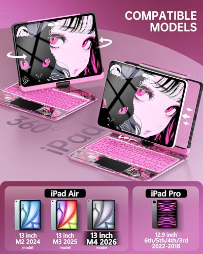 Image of Intermerge Transparent Case with Keyboard for iPad Air 13 inch(M4 / M3 / M2, 2026 /2025 / 2024) & Pro 12.9 inch (2022-2018) - 360 Swivel Multi-Touch Trackpad, 7-Color Backlit, Pencil Holder, Blush Pulse