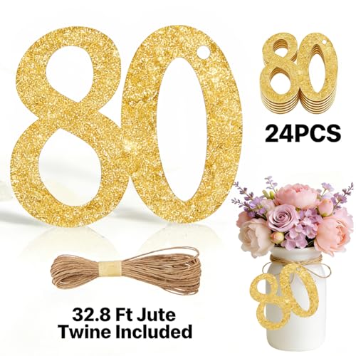 ALISSAR 24PCS Gold 80 Number Tags with 32.8 Ft Jute Twine – 80th Birthday Decorations, 80th Anniversary Party Supplies, Mason Jar Centerpieces, Gift Wrapping & Table Decor Kit