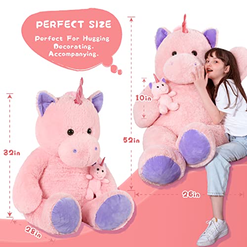 Morismos Giant Stuffed Unicorn 4 Foot, 51'' Giant Unicorn Stuffed Animal, 2-In-1 Big Stuffed Unicorn & Baby Unicorn Doll, Pink Unicorn Stuffed Animal For Girl Kid On Birthday Christmas Valentine's Day #TOP3