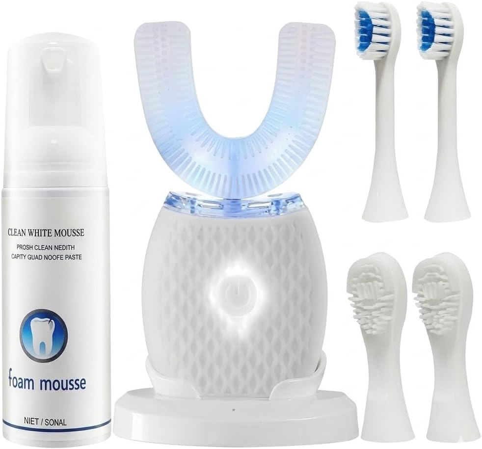 U-Shaped Electric Toothbrush for Adults, 360° Hands-Free Sonic Teeth Cleaner Kit with 4 Brush Heads, 60ml Foam Mousse, LED Light & Wireless Charging Base, Automatic Ultrasonic Toothbrush, White