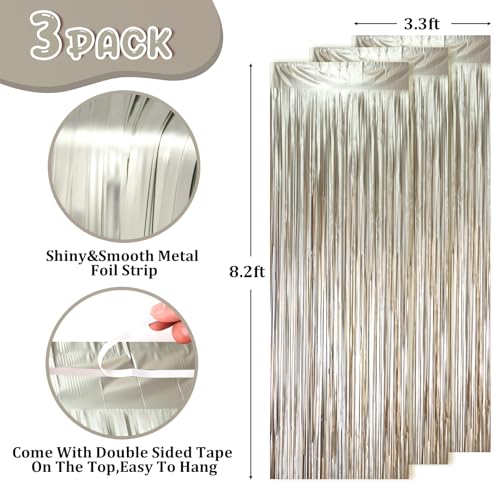 Voircoloria 3 Pack 3.3 x 8.2 ft Matte Champagne Foil Fringe Backdrop Curtains, Gold Tinsel Streamers Party Decorations, Fringe Backdrop, Door Shimmer for Graduation, New Years Eve, Birthday Party - Thumbnail 2