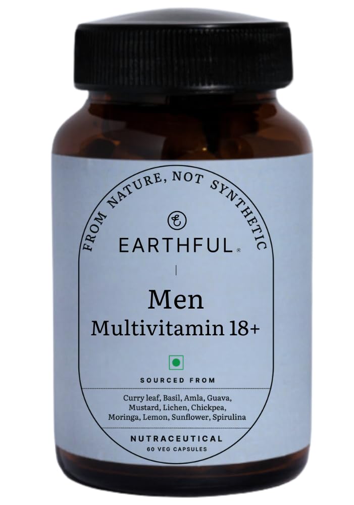 Earthful Multivitamin for Men | 100% Plant, Non-Synthetic | With Biotin, Iron, Zinc, Vitamin A, C, D3, K2 for Immunity, Hair, Skin & Bones - 60 Capsules