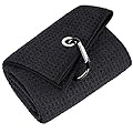 Mile High Life Tri-fold Golf Towel | Premium Microfiber Fabric | Waffle Pattern | Heavy Duty Carabiner Clip (Black)