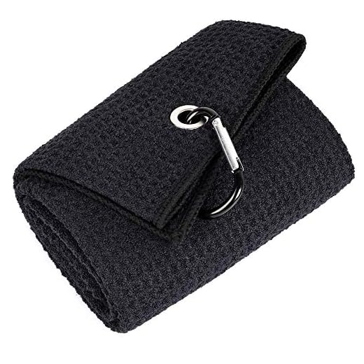 Mile High Life Tri-fold Golf Towel | Premium Microfiber Fabric | Waffle Pattern | with Heavy Duty Carabiner Clip | Black Golf Towel for Men and Women | 16”x21” (Black)