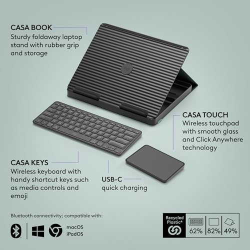 Image of Logitech Casa Pop-Up Desk with Laptop Stand, Wireless Keyboard & Touchpad, Bluetooth, USB C Charging, for Laptop /MacBook (10 inch to 17 inch),Windows, macOS, ChromeOS - Classic Chic, Green /Black