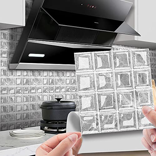 Hiser 30 Piezas Adhesivos Azulejos Pegatinas para Baldosas del Baño/Cocina 3D Impresión de Mosaico - Mármol Clásico Resistente al Agua Pegatina de Pared Decorativos (Gris,10x10cm)