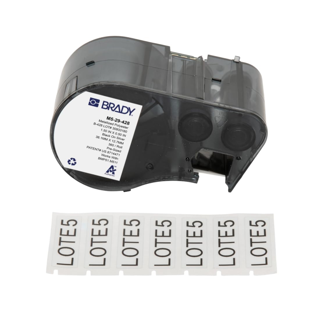 Brady Metallised Polyester Pre-Sized Labels for Label Printer BMP51/BMP53/M511-360 Self Adhesive Printer Labels - Black on Light Grey (38,10 mm (W) x 12,70 mm (H)) - M5-29-428
