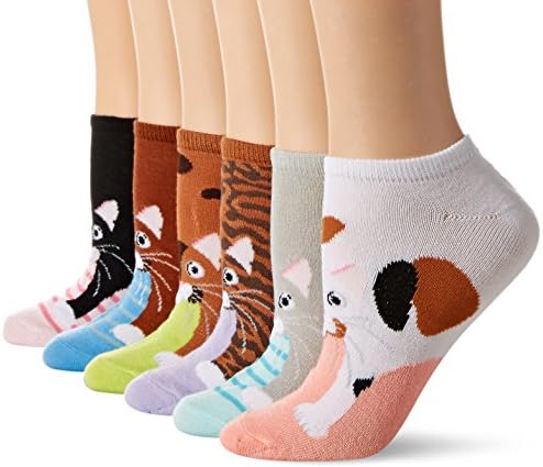K. Bell Socks Women's 6 Pair Pack Fun Animals Novelty Low Cut No Show Socks, Cats (Pink), Shoe Size: 4-10
