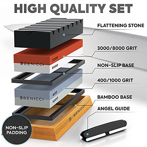 Premium Knife Sharpening Stone Kit - Includes 2 Superior Whetstone Knife Sharpener 8000/3000 & 1000/400 Grit, Flattening Stone, Bamboo Base - Wet Stone Sharpening Kit - Sharpening Stones For Knives #TOP1