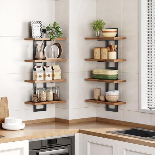 Image of HOOBRO Floating Shelves, 15 Inch Wall Shelf Set of 4, Wall Mounted Storage Shelves 2-Tier, Hanging Bathroom Shelves, for Living Room, Bedroom, Bathroom, Kitchen, Rustic Brown and Black BF32BJP401