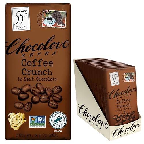 Chocolove Coffee Crunch Dark Chocolate Bars | 55% Cocoa | Crunchy Coffee Bean Bits | Smooth & Sweet | Premium Belgian Dark Chocolate | Non GMO, Rainforest Alliance Certified, 3.2oz Bar (12 Pack)