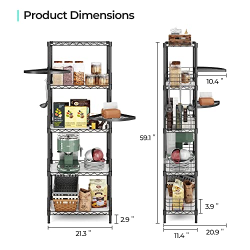 Linsy Home 5-Tier Storage Shelves With 2 Rotatable Shelves, Height Adjustable Metal Pantry Shelves With 5 Hooks And Shelf Liners, Heavy Duty Metal Shelving, Wire Shelving For Kitchen, Bathroom -Dark #TOP2