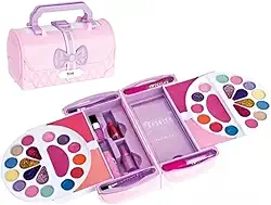 Maleta de Maquiagem infantil Kit Paleta de Sombras e Gloss, Rosa e Lilás, com Estojo Decorado
